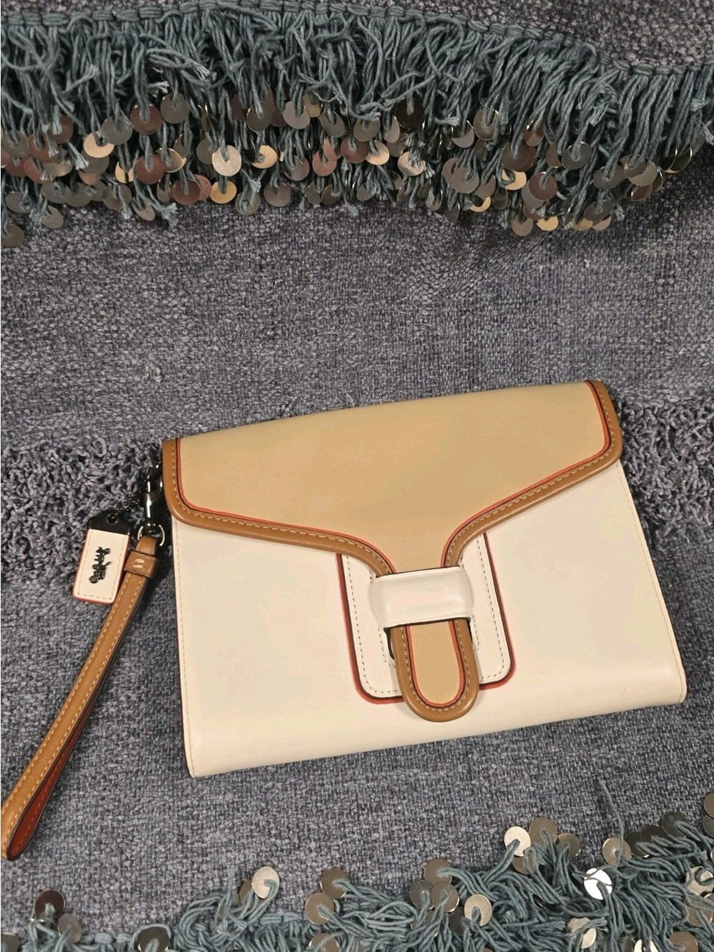 Coach Cream and Tan Hutton glove tanned Leather Wristlet Clutch
